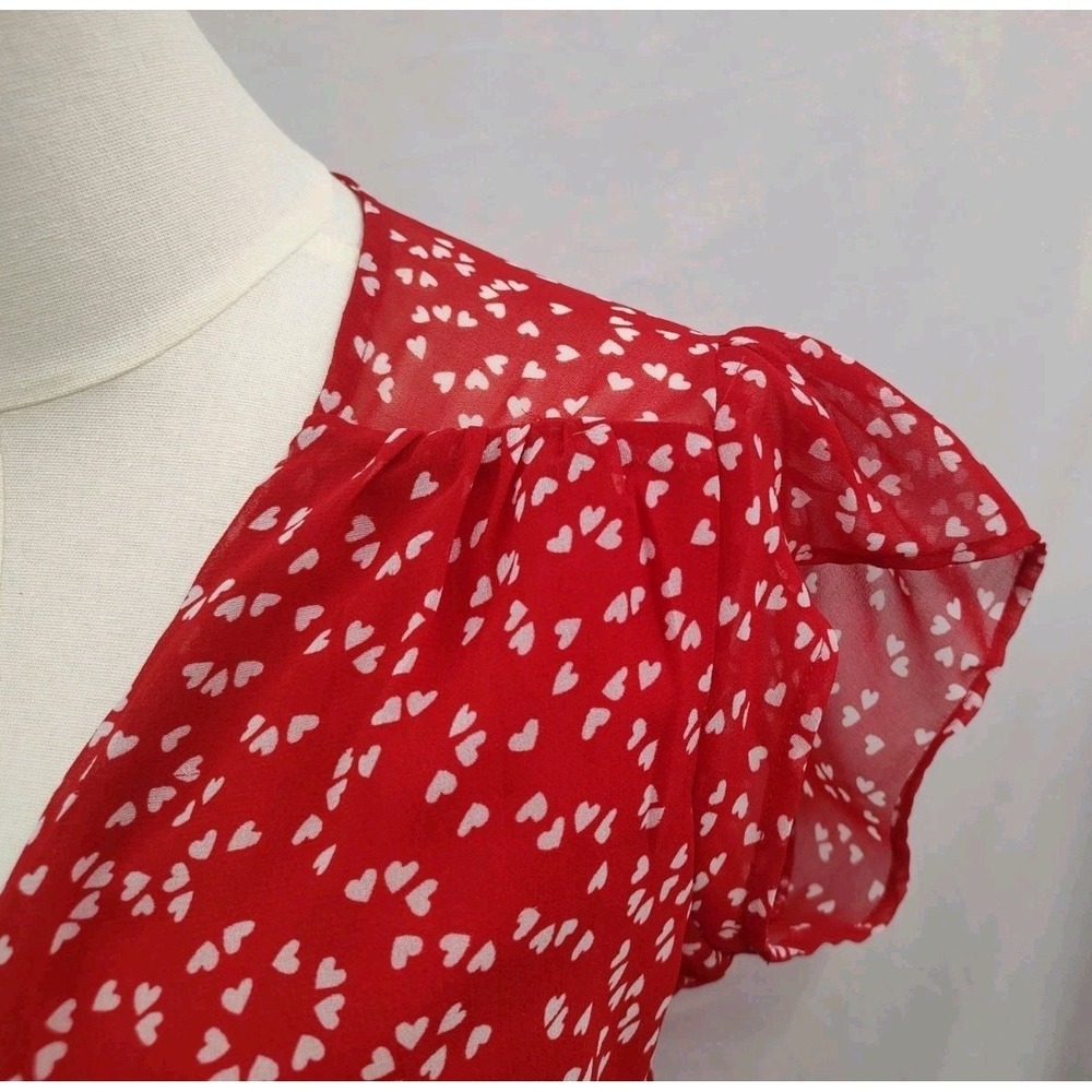 Urban Outfitters Wrap Dress Retro Style Romance Red Heart Print Chiffon V Neck M - Picture 7 of 8